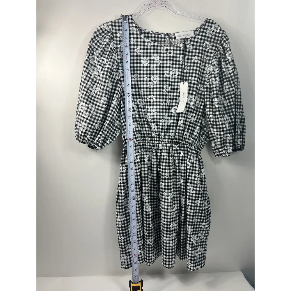 Self Contrast Black And White Floral Checkered Mini Dress Women's Size L NWT - Picture 1 of 9